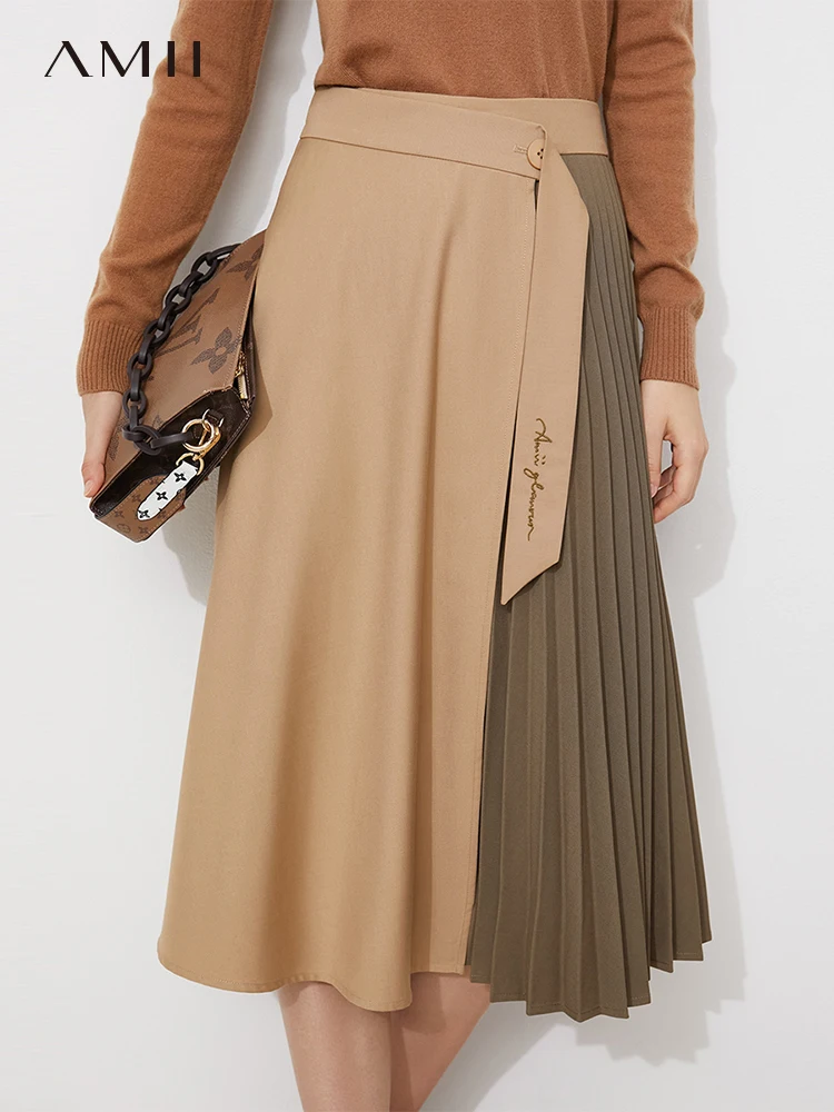 Amii Minimalism Vintage Pleated Skirts For Women Office Lady High Waist Contrast Skirt Elegant Female Mid Length Skirt 12130336