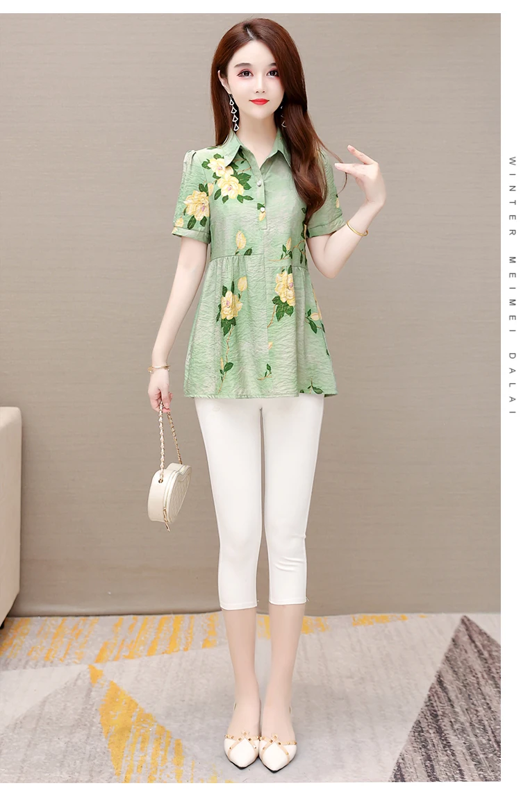 

Polo Shirt Chiffon Loose Plus Size Women's Blouses New Casual Blouse Flower Print Summer Fashion Short Sleeve Top Houthion