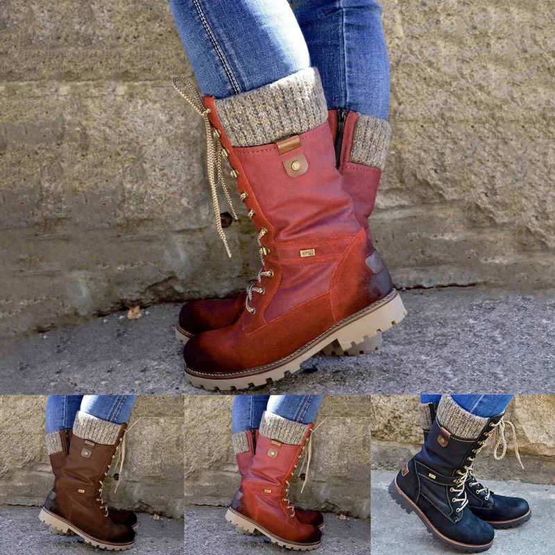 Puimentiua Winter Shoes Women Boots Basic Mid-Calf Boots Round Toe Zip Platform Decor Female Shoes Warm Lace Up Boots Shoes