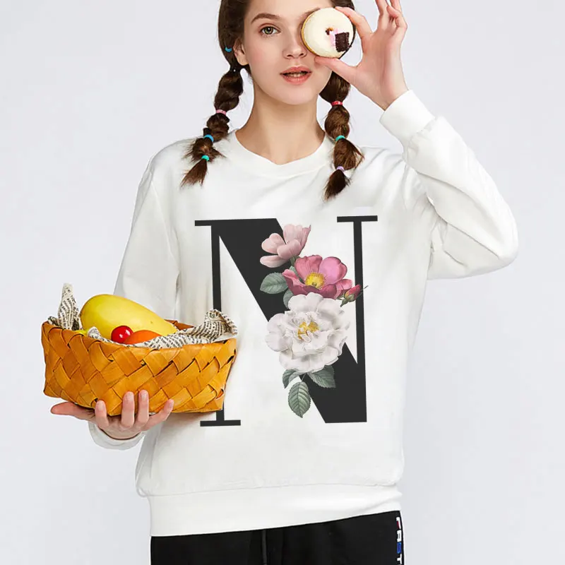 

2020 New Cartoon Flower English Alphabet Print Sweatshirt Vogue Long Sleeve o-neck Hoodies Casual Harajuku Cute style Hoodie
