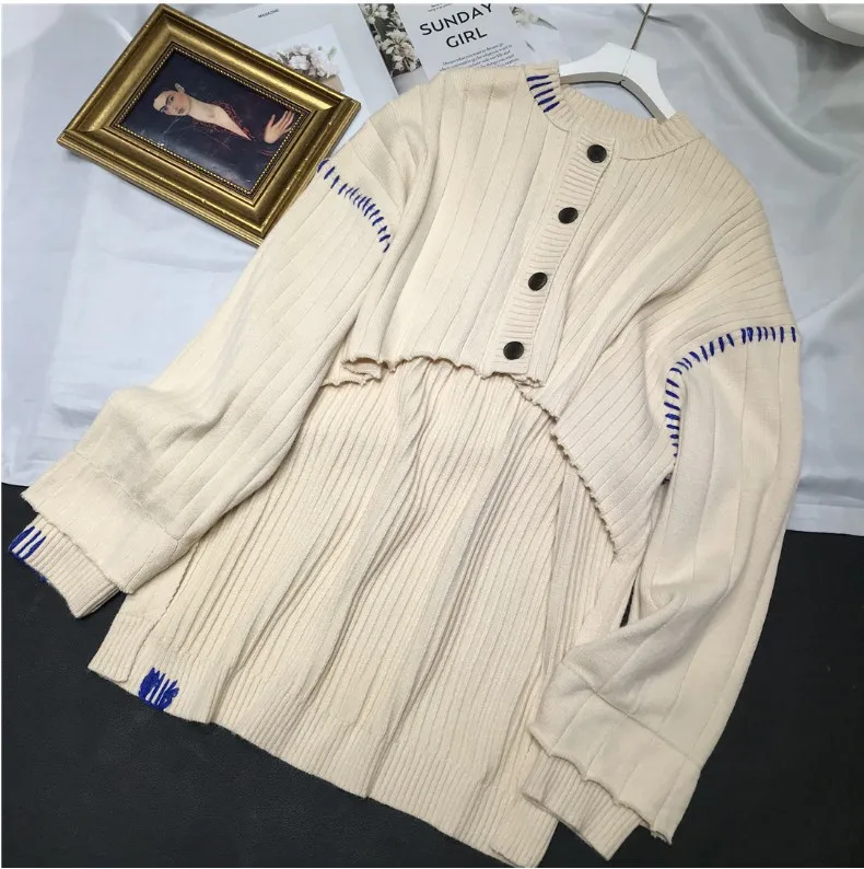 

New autumn and winter irregular front short back long knitted cardigan sweater female shoulder blue stitching jacket