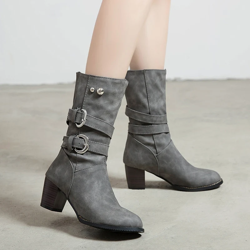 Rimocy Purple Warm Short Plush Mid Calf Boots Women Vintage Buckle Chunky Heels Pu Botas Mujer Plus Size Slip-on Shoes Woman