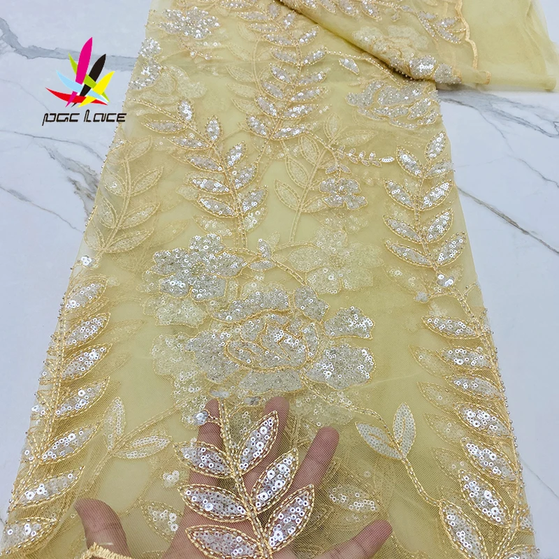

Nigerian Gold Groom Beads Lace Beautiful Beaded Tulle Bridal Luxury African French Tulle Mesh Lace for Wedding Party XZ4489B
