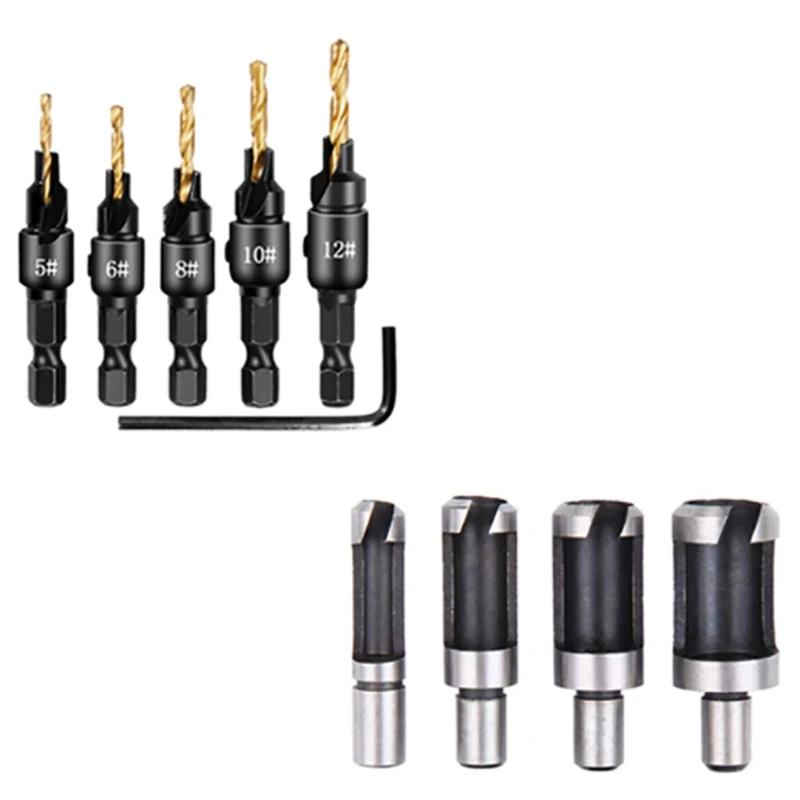 

10Pcs Barrel Type Cork Puncher Chamfer Cutter Drill Bit Countersunk Bit Drill 1/4 Inch Hexagon Wrench Tool Set