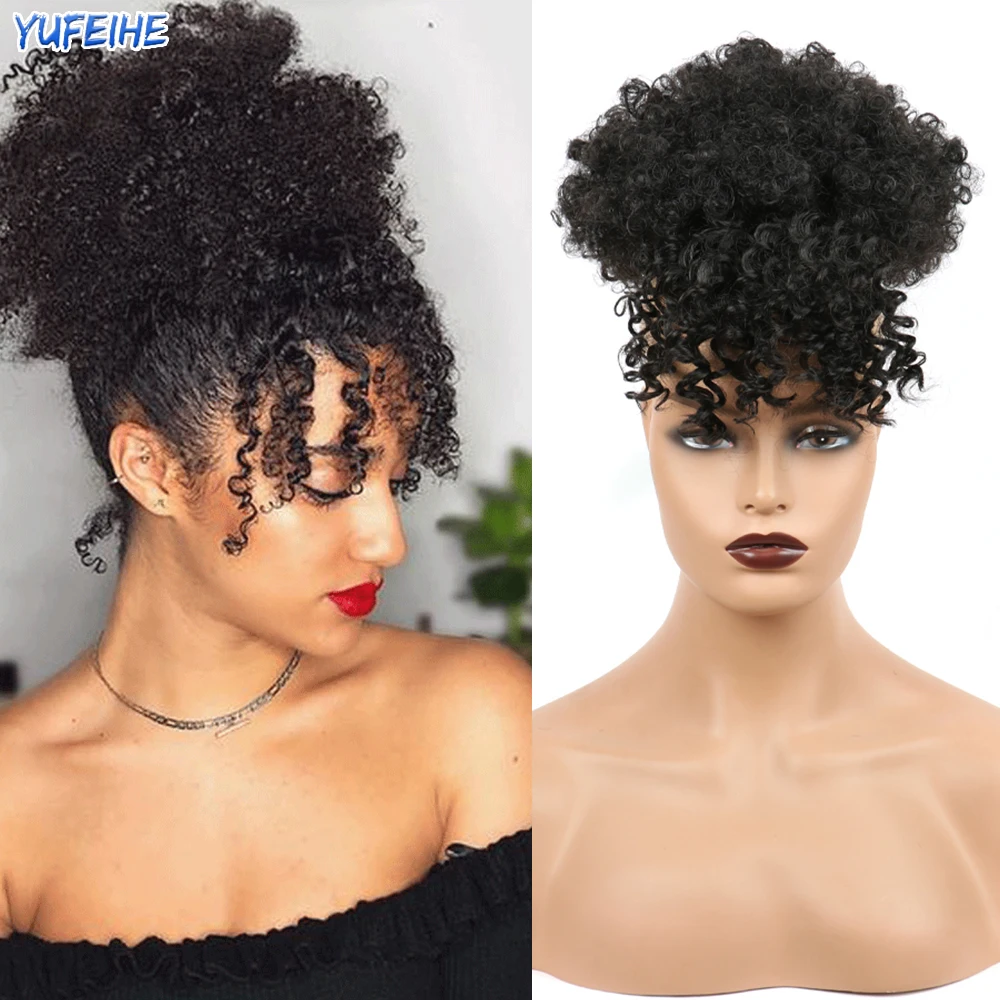 

Yufeihe 4Inch Synthetic Afro Kinky Curly Ponytail With Bangs Short Ombre High Puff Drawstring Hair Extension Clip in Ponytail