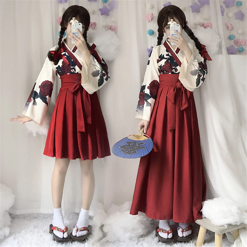 Japanese Style Retro Floral Kimono Long Sleeve Cosplay Costume For Girls Corn Poppy Flower Skirt Female Adult Dress |