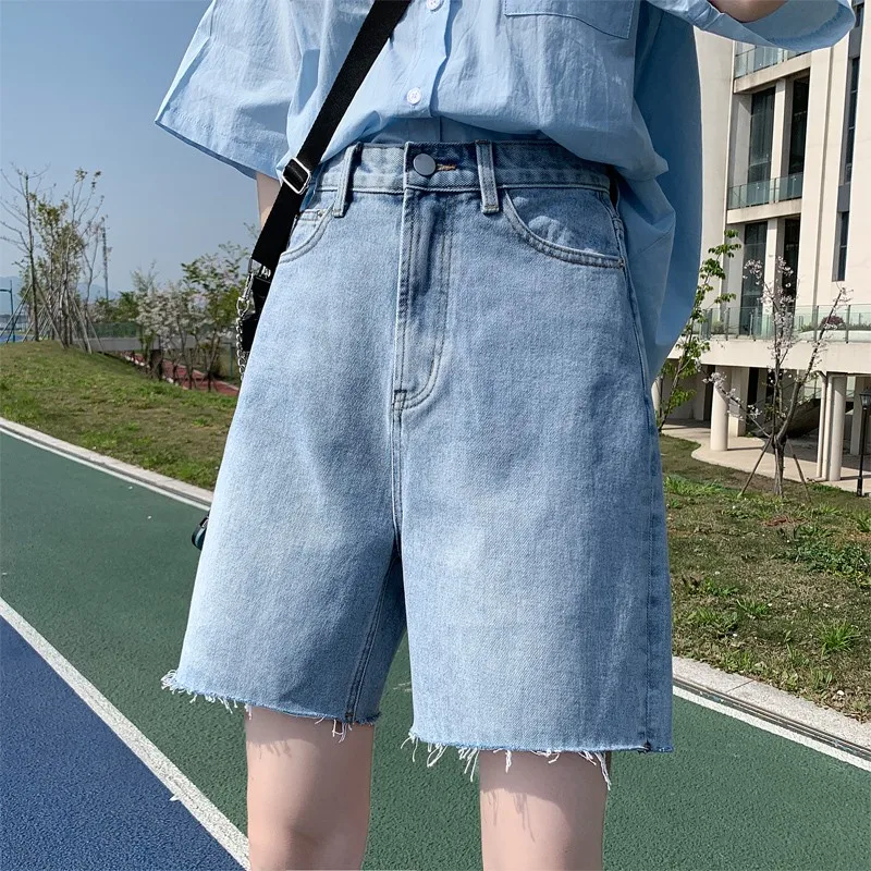 

GUUZYUVIZ New Summer Denim Shrots High Waist Short Jeans Feminino Simple Casual Ragged Side Plus Size Blue Boyfriend Style