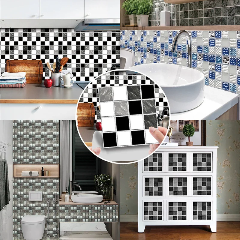 

10Pcs Kitchen Self-Adhesive Mosaics Tiles 3D Wall Cabinet DIY Decor for Bathroom Simulation Decorative Vinyl Furniture Stickers