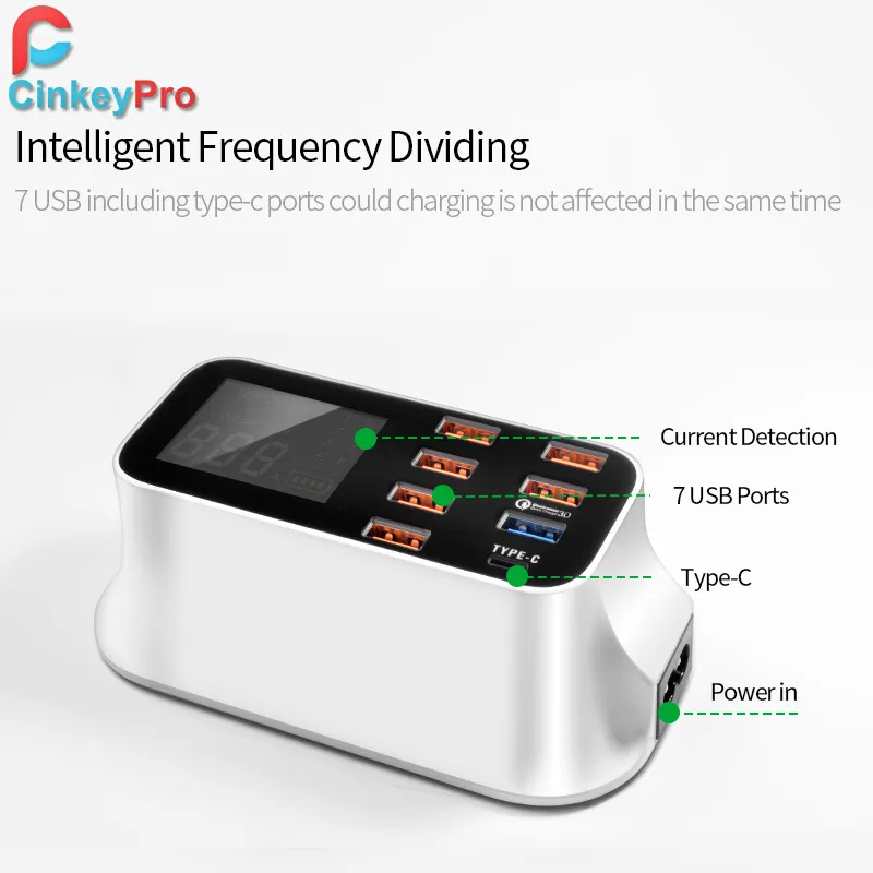 CinkeyPro LED дисплей 7 портов USB зарядное устройство с Type C для Samsung iPhone iPad планшет