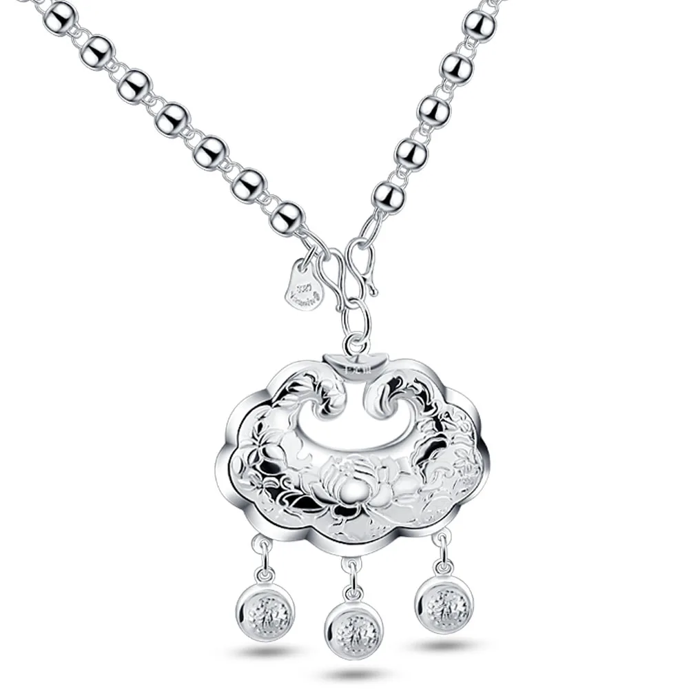 

National style 100% 925 Sterling Silver Fashion Lotus Necklace Woman Shofar Lock Pendant Choker Jewelry Gift