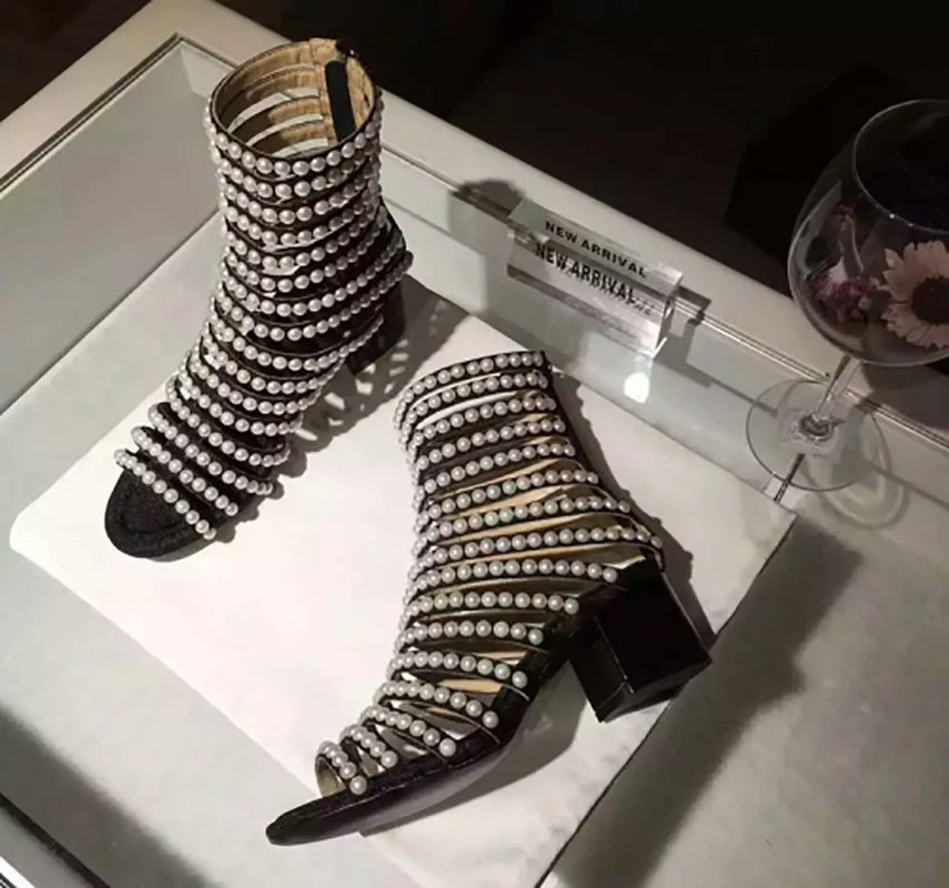 

Hot Sale Womens Pearls Beads Sandals Hollow Ankle Boots Open Toe Block Mid Heel Shoes Bling Roman Gladiator Plus Size New 2021