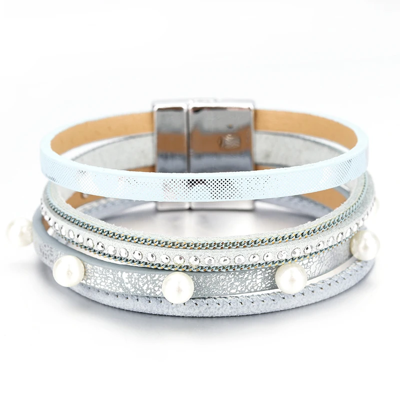 Amorcome мульти Слои жемчуг Очаровательные кожаные браслеты из нержавеющей стали