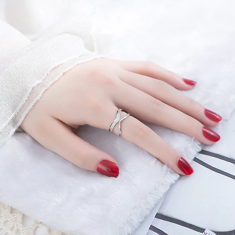

New Fashion Creative V Shape Cross Ring Delicate Rhinestone Double Layers 925 Sterling Silver Resizable CZ Rings Women Jewelry
