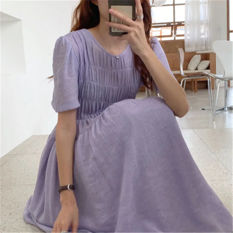 

Hzirip New Korean Summer Loose Gentle Elegant Sweet 2020 Fold Purple Fashion All-Match Casual High-Quality Design Ladies Dress
