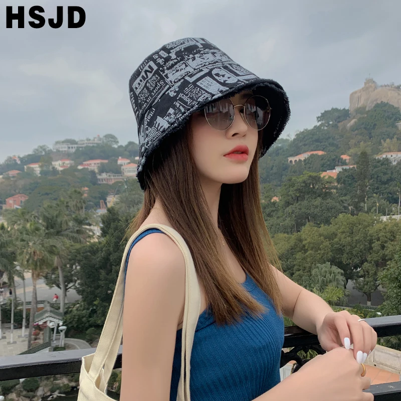 Summer Women Double Sided Sun Hats Retro Newspaper Print Bucket Hat Fold Burrs Wide Brim Floppy Panama Fisherman Caps Hip Hop