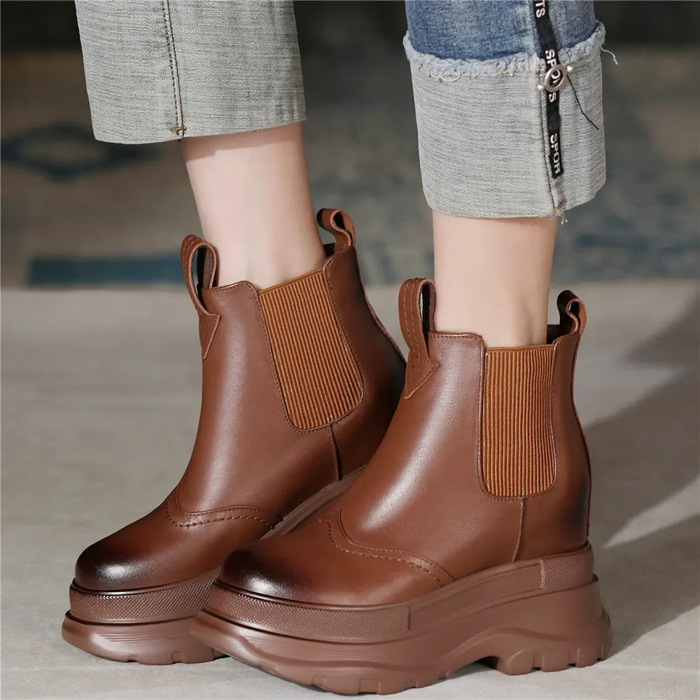 

High Top Fashion Sneakers Women Genuine Leather Wedges High Heel Ankle Boots Female Round Toe Chunky Platform Pumps Casual Shoes