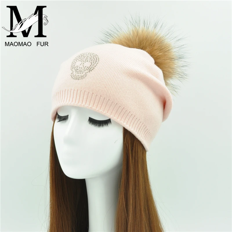 Real Fur Winter Hat Raccoon Fur Pom Pom Hats Shining Rhinestone For Women Brand Thick Women Hat Wholesale Knitted Beanies Cap