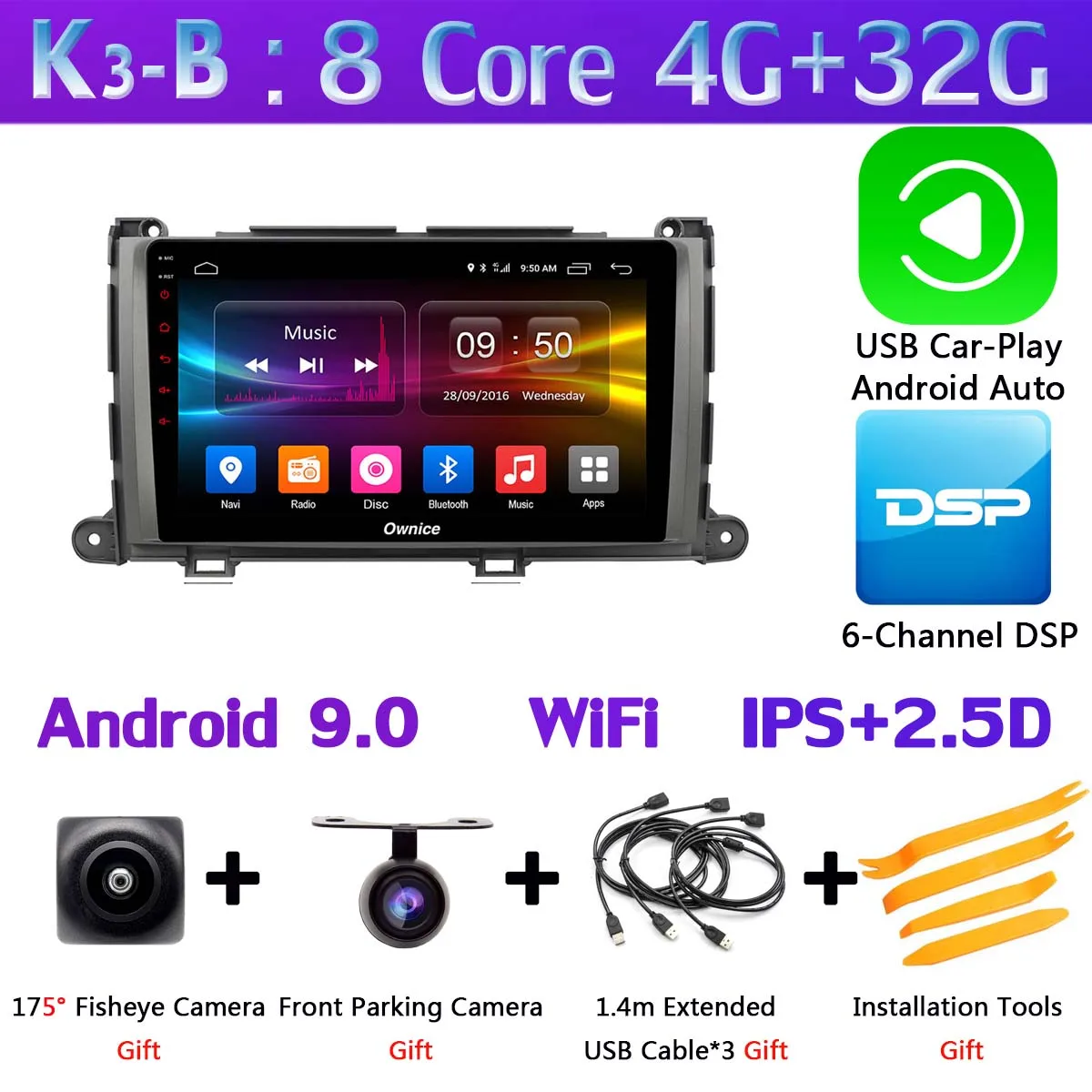 K3-B-CarPlay 360 ° панорамный 4G SIM 8Core 4G+ 64G Android 9,0 автомобильный мультимедийный плеер радио для Toyota Sienna 2011 2012 2013 gps DSP CarPlay - Цвет: K3-B-CarPlay