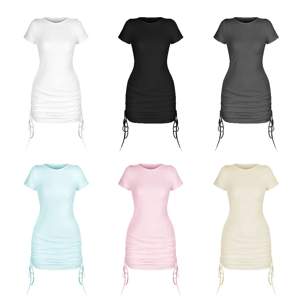 

2021New Summer Solid Color Fashion Tight Skirt Drawstring Short Sleeve Dress Sexy Women's Mini Slim Mini Dress Street Wear Party