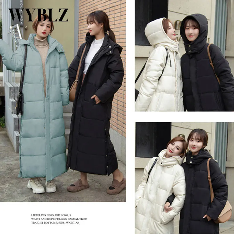 WYBLZ 2021 Women Thicken Parka Jacket Fashion Elegant Long Cotton Jacket Coat Korean Solid Color Slim Winter Clothing for Lady