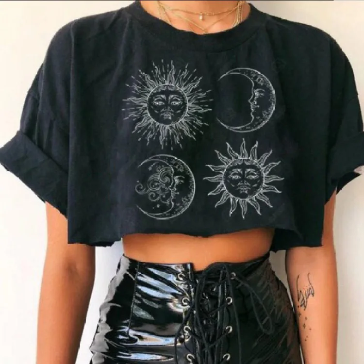 

В винтажном стиле с изображением солнца, Луны принт Топ Футболка для женщин Harajuku с коротким рукавом топы, футболки женские футболки Свободн...