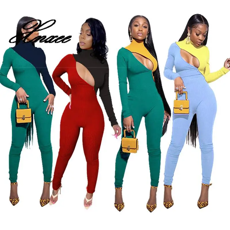 

2020 Spring Sexy Knit Ribbed Jumpsuit Color Patchwork Turtleneck Long Sleeve Slinky Bodycon Playsuit Rompers Womens Jumpsuit