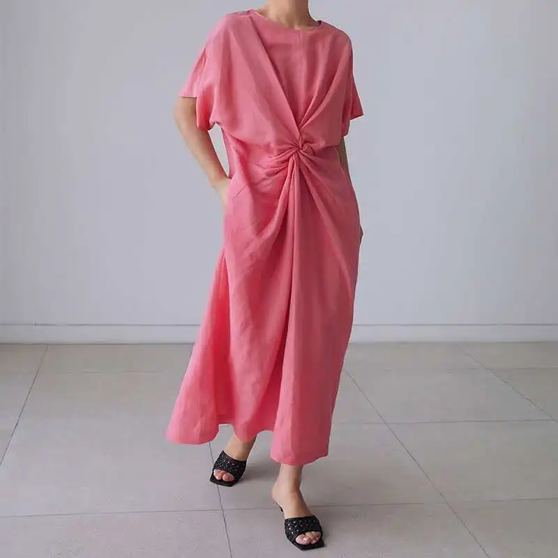 

2021 Summer New Korean Irregualr Loose Women Dresses Simple Solid Color O-neck Short Sleeve Pockets Female Dress