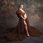 Элегантные коричневые платья для фотосессии для беременных с короткими рукавами-фонариками и многоярусными оборками с длинным шлейфом мягкий тюлевый халат для беременных