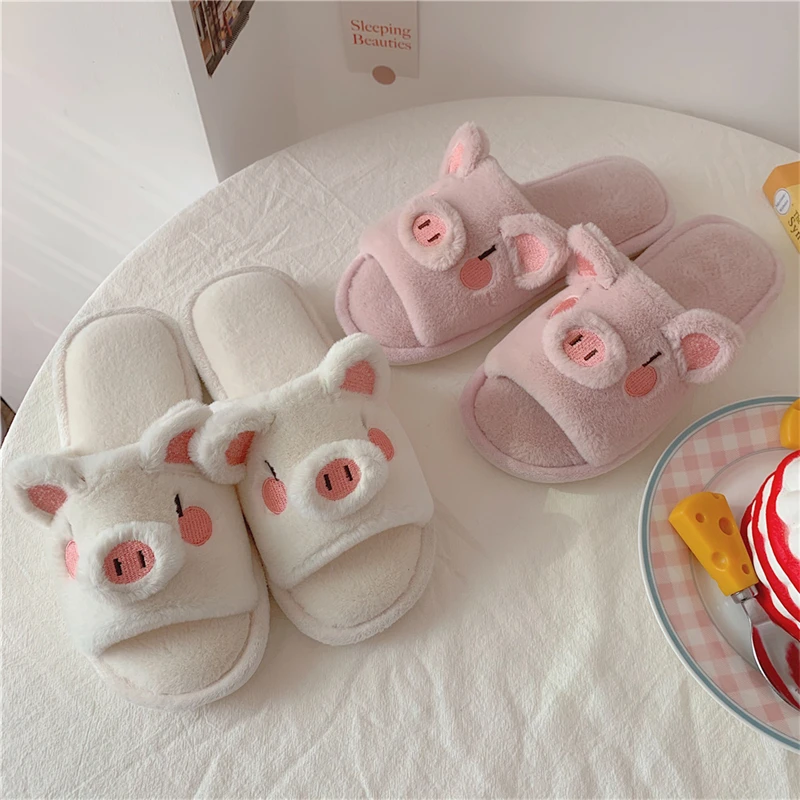 

Korean INS Style Cartoon Women Plush Slippers Cute Pig Cotton Girl Slides Soft Thick Bottom Winter Fluffy Home Female Shoes