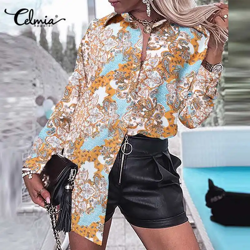 

Celmia Vintage Women Floral Print Shirts 2021 Autumn Elegant Stylish Blouses Lapel Buttons Tunic Tops Long Sleeve Party Blusas
