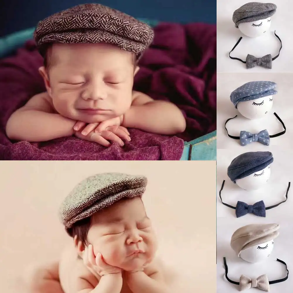 Cute Baby Newborn Peaked Beanie Cap Hat + Bow Tie Photo Photography Prop Outfit images - 6