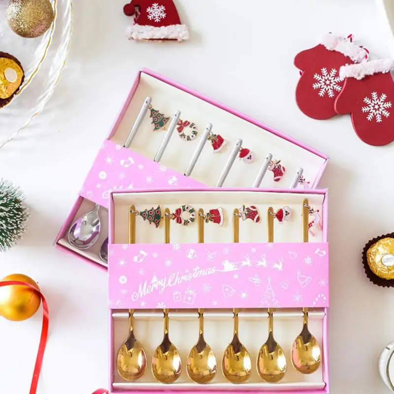 

6Pcs Coffee Spoon Mixing Scoops Stirring Spoons Stainless Steel Spoon Christmas Gift Box Set Party Table Ornaments Coffee Spoon