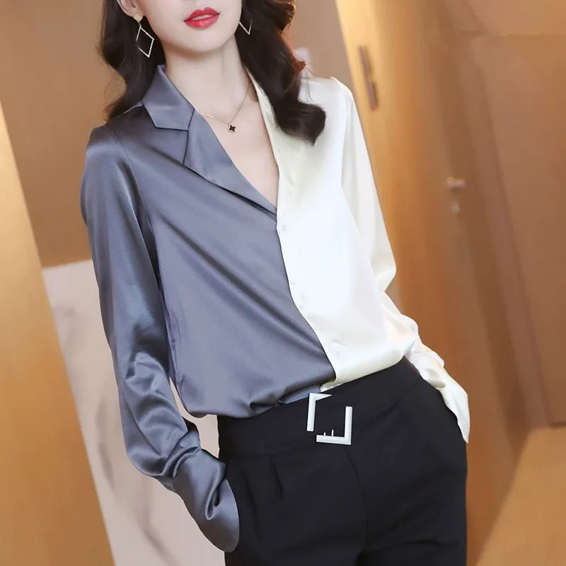 

Контрастные женские блузки, рубашки, женская блузка, высокое качество, Корейская женская рубашка, лоскутные Женские топы и блузки