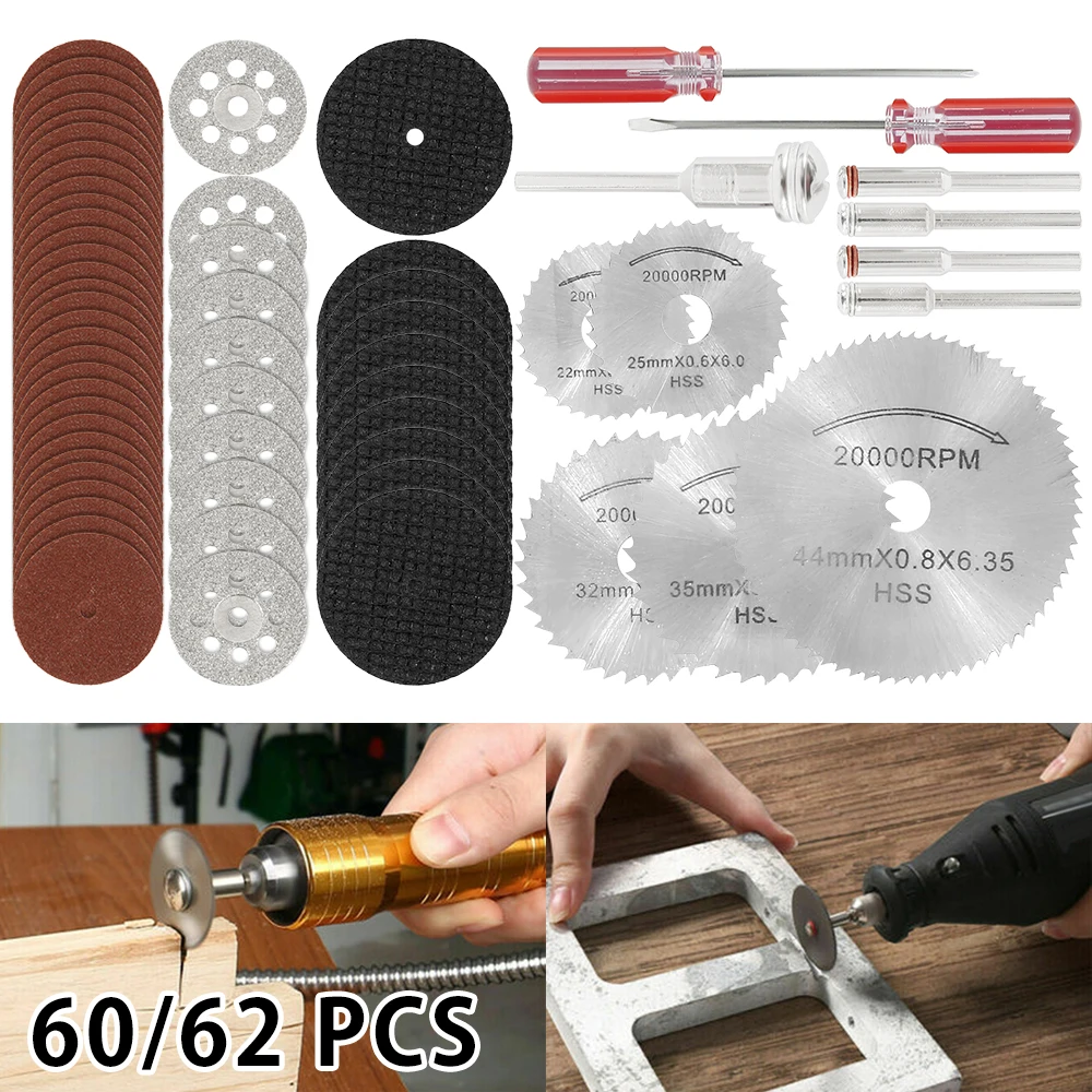 

60/62PCS Diamond Cutting Discs Sanding Grinding Wheel Circular Saw Blade Woodworking Metal Dremel Mini Drill Rotary Hand Tool