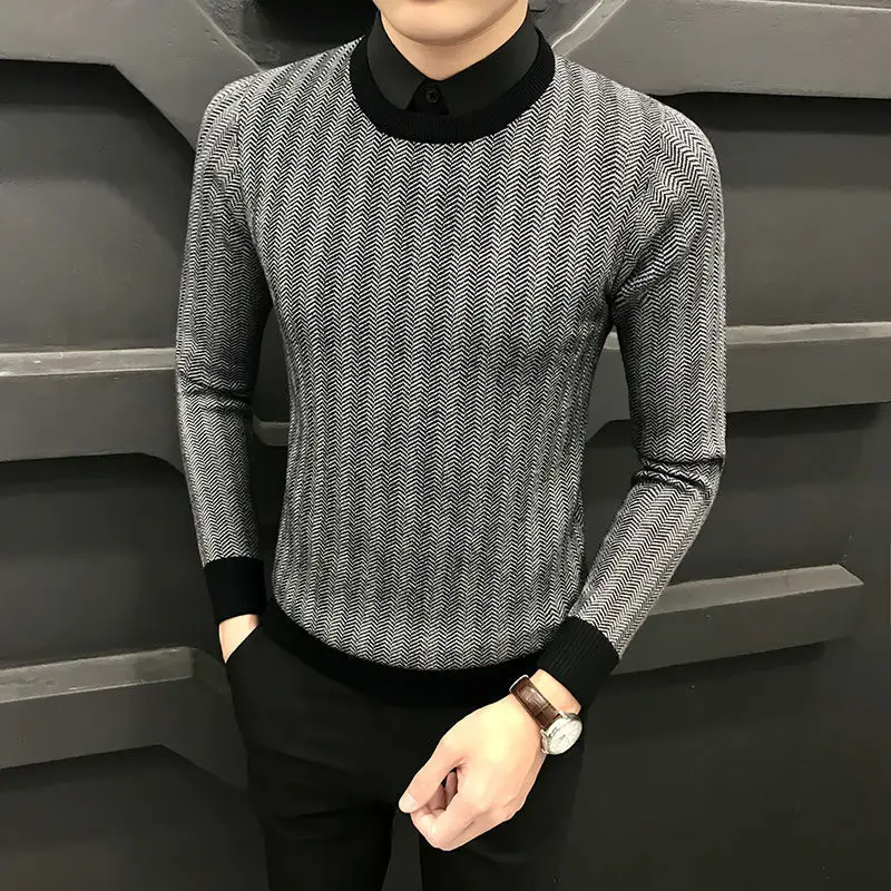 

ZOGAA Pullover Men's Sweater 2019 Casual Striped Solid Color Sweater Men's Half-High Collar Stretch Tight Sweater Slim Knit Top