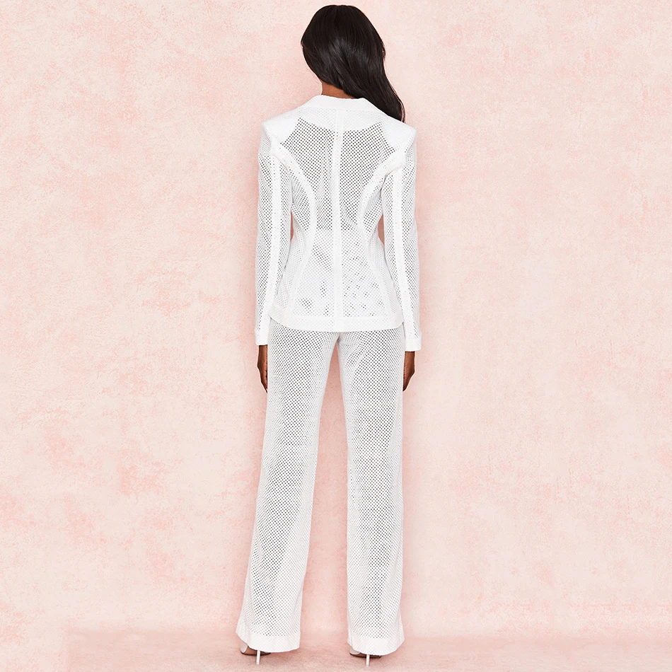 

2021 Summer And Summer New White Women Sexy Hollow Set Long-Sleeved Coat And Pant 2 Two Piece Set Slim Office Party Set Bodycon