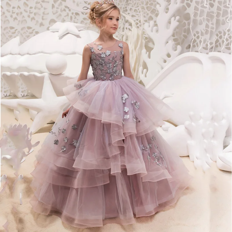 

Princess Dirty Pink Flower Girls Dresses Tiered Layers Appliques Tank Top Junior Bridesmaid Dress for Kids