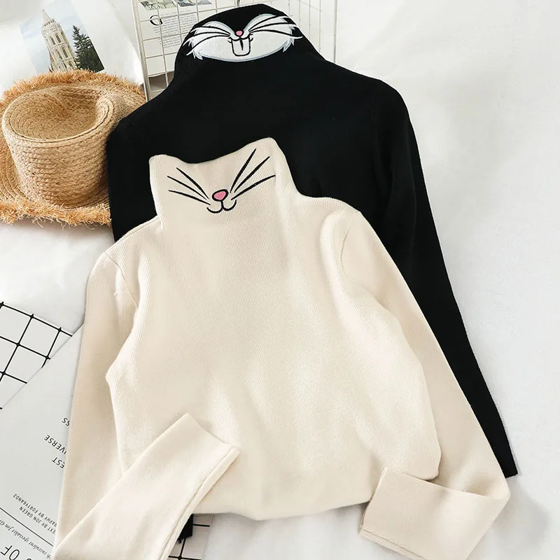 Gaganight Embroidery Cute Cat Girls Basic Sweater Women Long Sleeve Turtleneck Sweaters Female Sweet Pullover Autumn Winter Chic | Женская