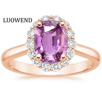 luowend 18k rose gold women ring certified natural pink sapphire ovalrectangle shape female engagement diamond ring gemstone