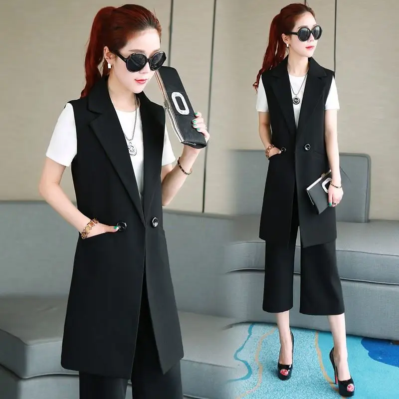 

Spring and Autumn Mid-length Striped Suit Slim Fit Wild Suit Collar Fashion Vest Female Sleeveless Blazer Jacket Long Coat r448