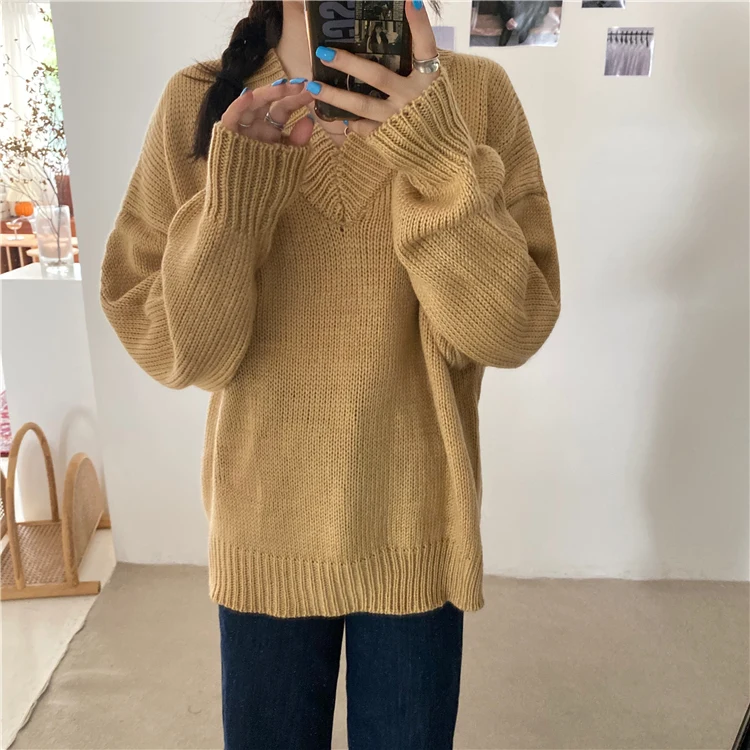 

Korean Version Of The V-Neck Long-Sleeved Trendy Plus Size Ladies Sweater Soft Waxy Fashion Sweater Pullover Women