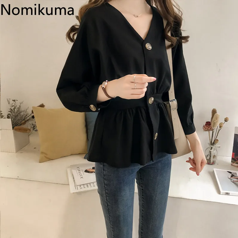 Nomikuma винтажная модная однотонная блузка с v-образным вырезом и длинными рукавами