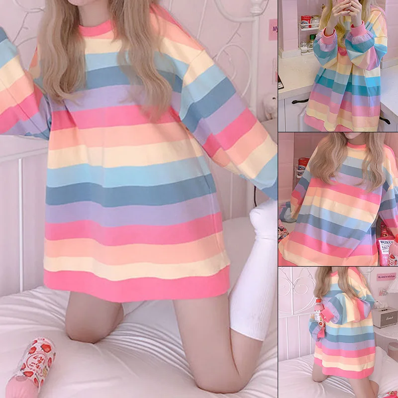 A-M-2XL Loose Harajuku Colorful Striped O Neck Long Sleeve Oversize Autumn Thin Sweatshirt 2021 NEW Cute Chic Pullover Top
