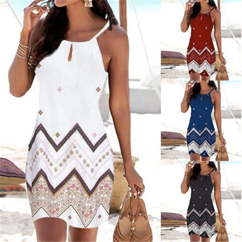 

2021 Fashion A Line Dress Summer Y2K Geometric Print Design White Black Blue Sleeveless Women Mini Dress Boho Vacation Dresses