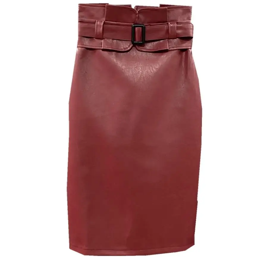 

Women Autumn Elegant Pu Split Skirts Girls Solid Color high waist Pu Patchwork Bud Office Lady