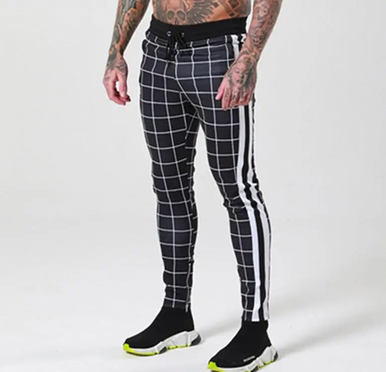 SHENGLANGYIN Mens Chinos Slim Fit Skinny Pants For Men Chino Trousers Plaid Design Fashion Grey With Stripe at Side zm353 | Мужская