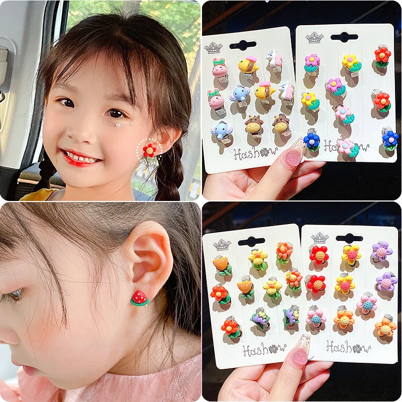 10Pcs/Set New Cartoons Ear clip Girls Sweet Acrylic Stud no pierced anti-pain earrings Cute Earing Korean Kawaii Earring Jewelry