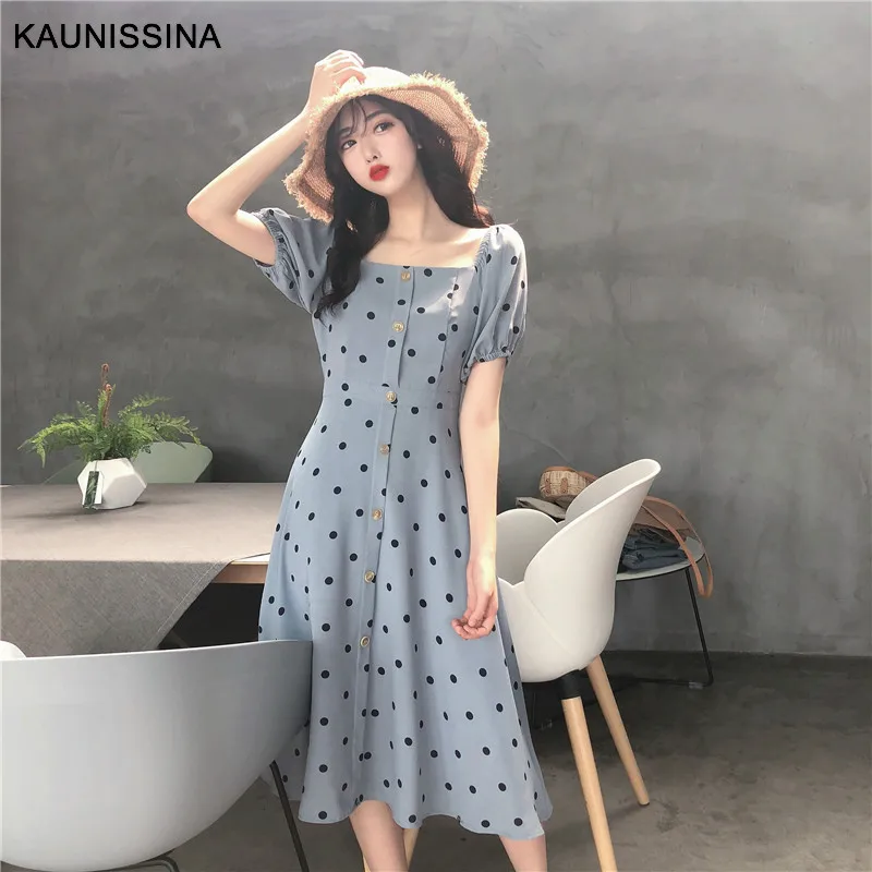 KAUNISSINA корейское женское платье с коротким рукавом и синими
