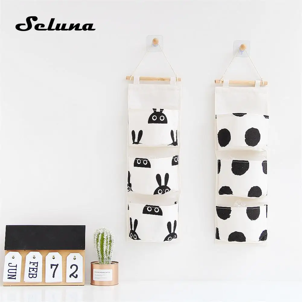 Черно белая хлопковая льняная подвесная сумка для хранения 3 кармана настенный