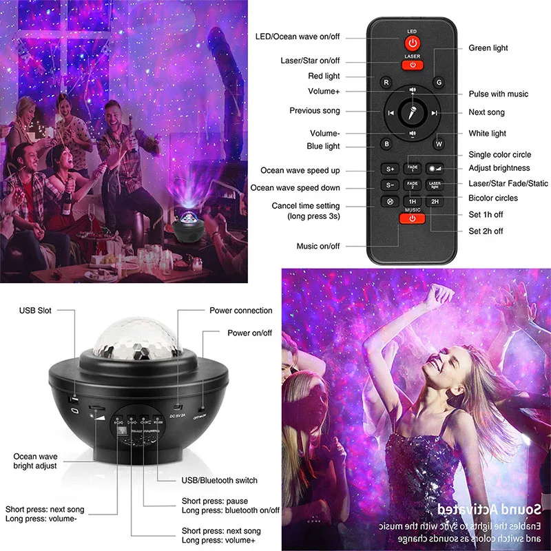 

LED Star Galaxy Projector Ocean Wave Night Light Child USB Blueteeth Music Player Star Romantic Projection Lamp Gifts